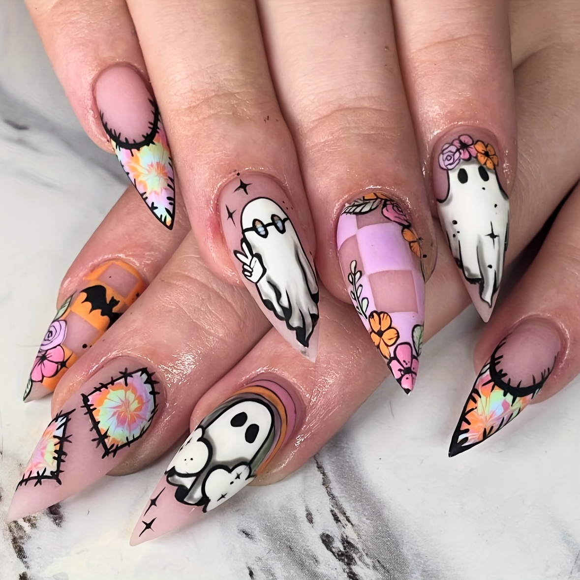 TEMU Uñas postizas de Halloween 24 piezas - Uñas de flores rosas para prensar con pegamento de gelatina y lima de uñas, uñas llamativas para de