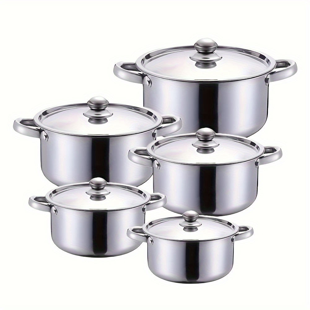 TEMU Deluxe10-piece Stainless Steel Cookware Set - 5 Sizes With Lids, Durable & Versatile (6.3 - 7 - 7.9 - 8.6 - 9.4in)