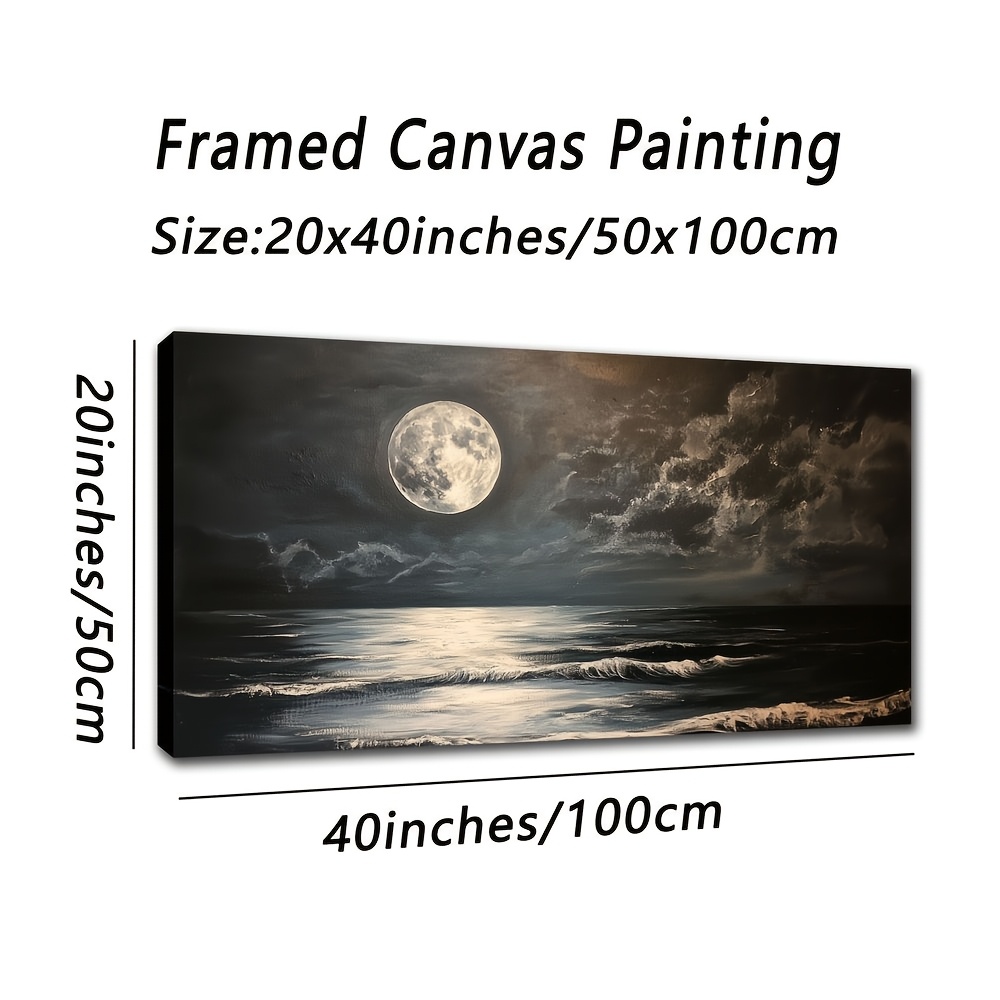 TEMU Framed Canvas Art Print, Moon On The Lake Scene, Ideal For Office, Bakery, Concert Hall, Bedroom, Living Room Decor, 20x40 Inches (50x100cm),