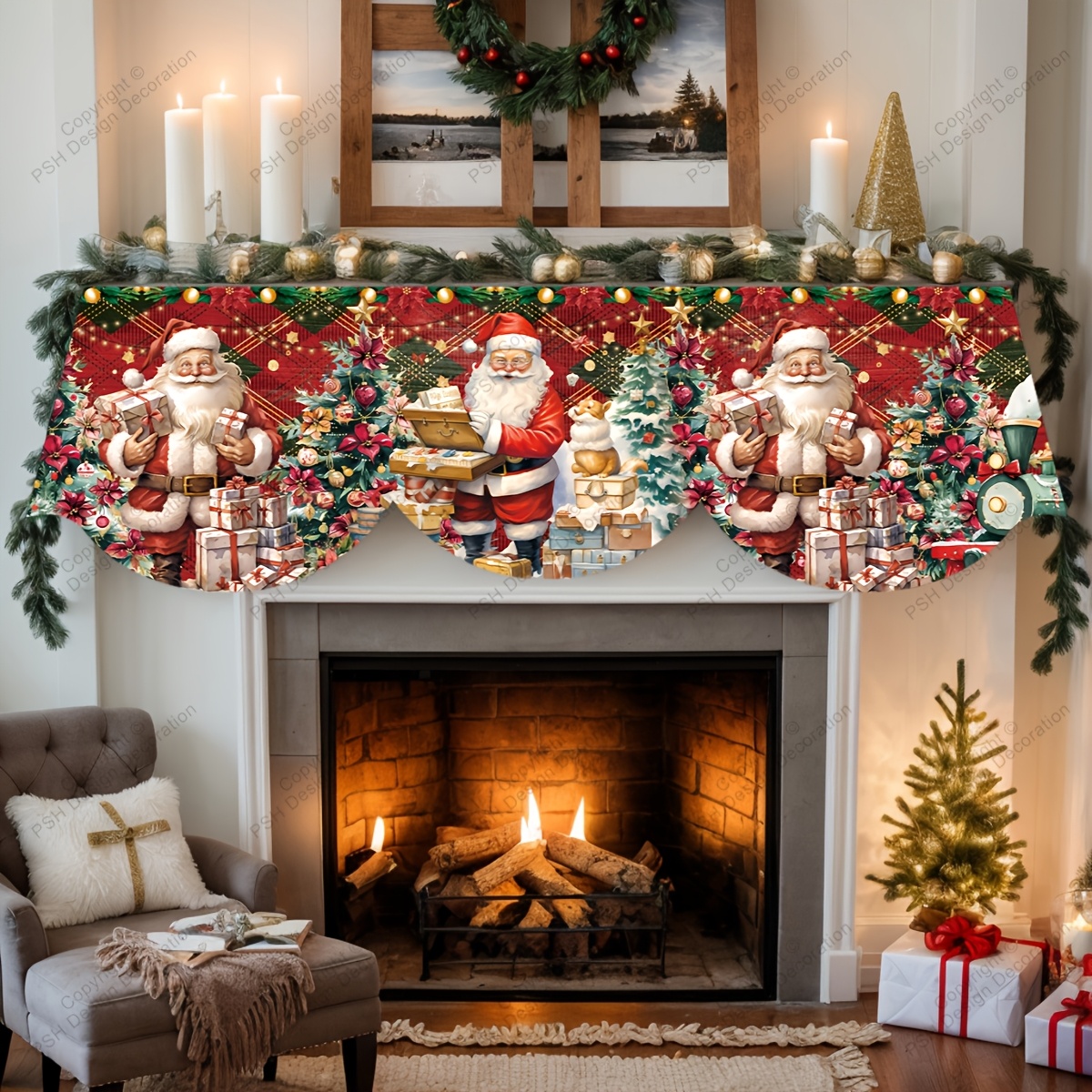 TEMU 1pc Christmas-themed Santa Claus, Christmas Tree, And Design Fireplace Mantel Scarf, Fireplace Decoration, Holiday Party Supplies, Gift, Table