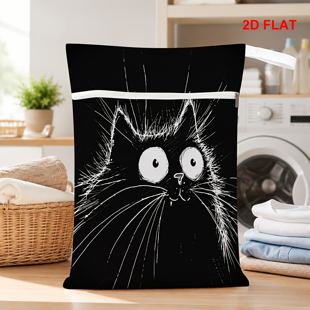 TEMU Zipper Laundry Bag, Black And White Sketch Cat Print Dirty Clothes Storage Sack, Large Portable Reusable Multipurpose Wash Organizer For Cat
