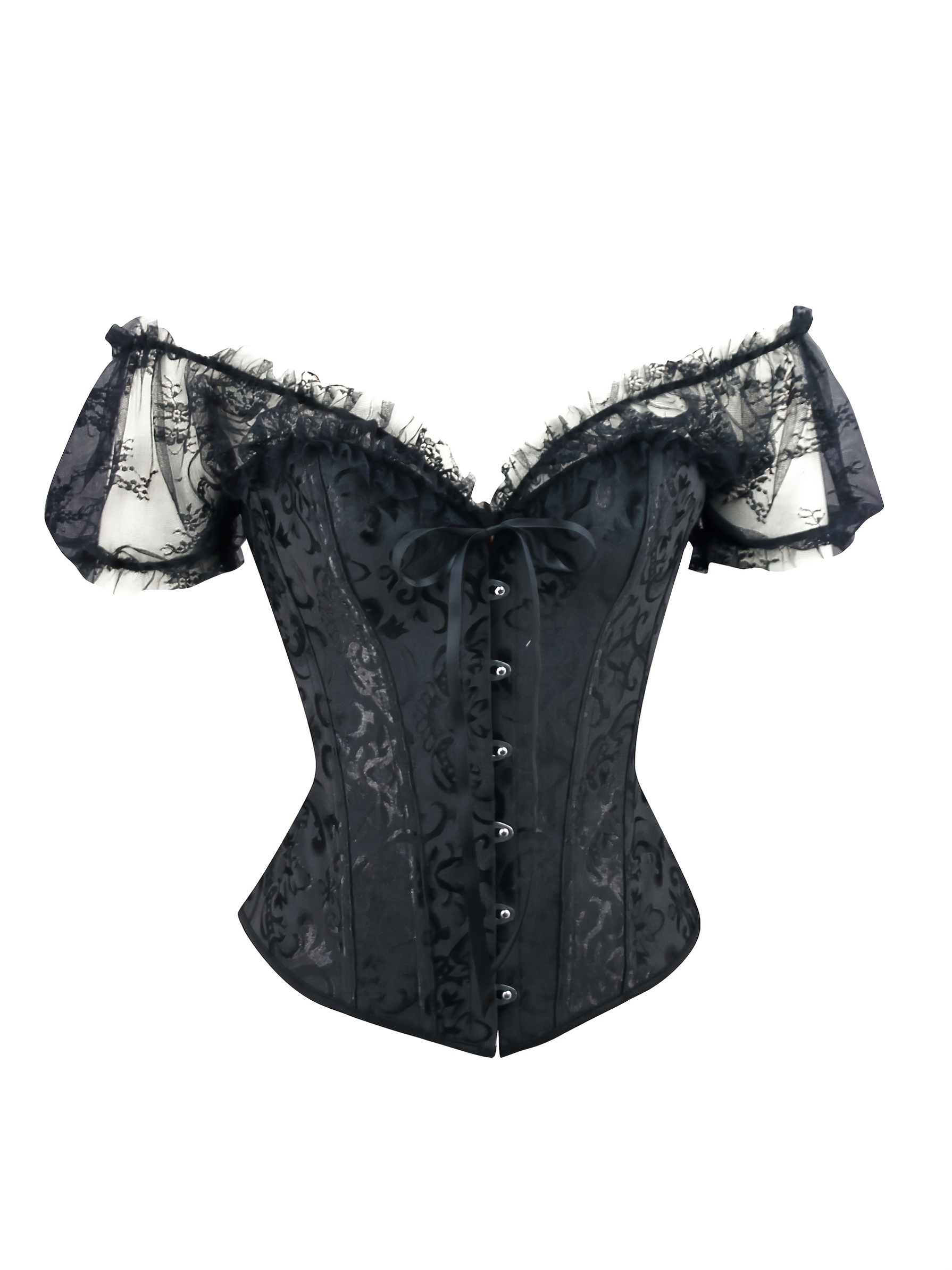 Gothic Style Black Lace Corset Top with Red Hair - Women'S V-Neck Bodycon Dress, Floral Pattern, Non-Stretch Fabric, X-Back Design, Perfect for Adult Costume Parties & Themed Events, Themed Event Attire | Gothic Fashion | Intricate Lace Detailing