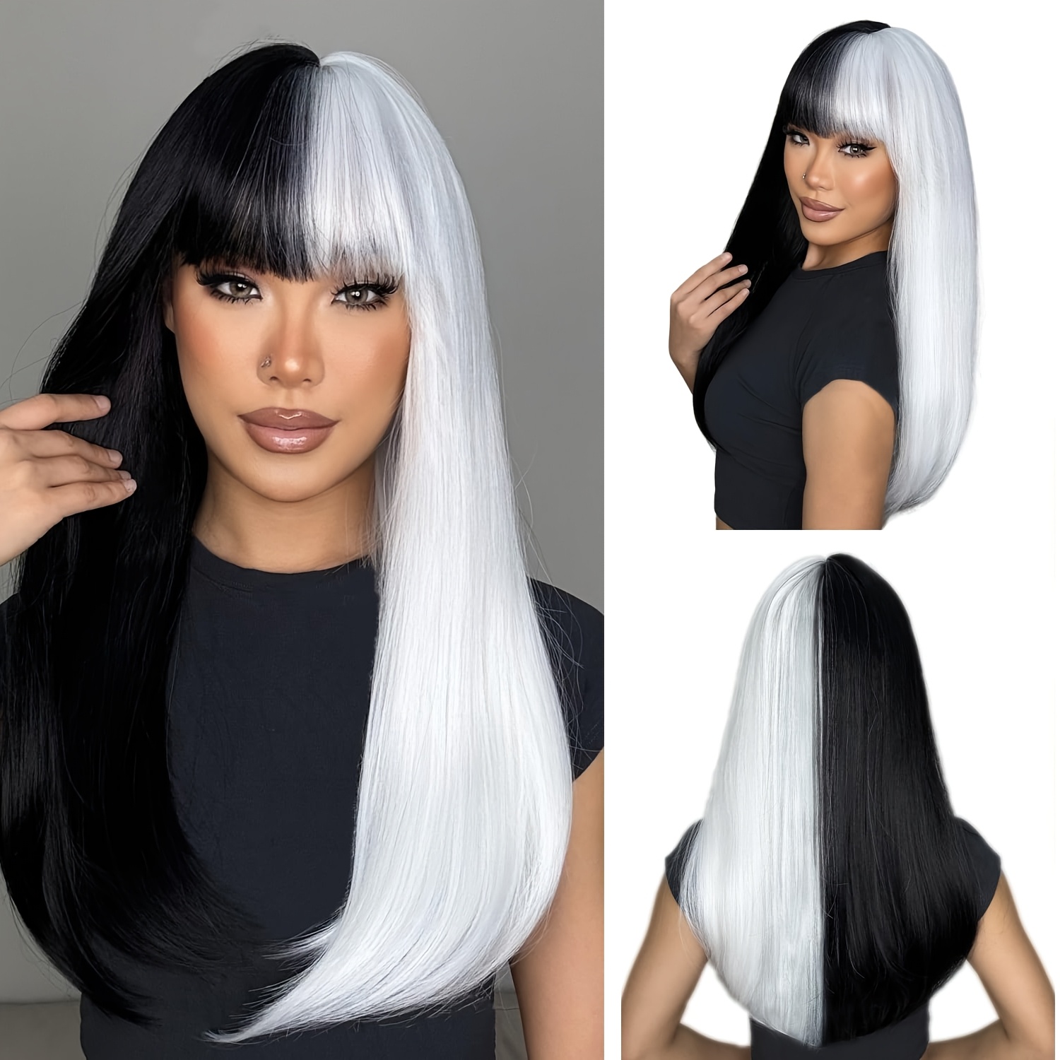 Image of Women's Black And White Wig, Long Straight Hair With Bangs, Synthetic Material, Suitable For Party And Festival Costumes, Cosplay Wig, 26 Inches (66cm), Makeup Wig