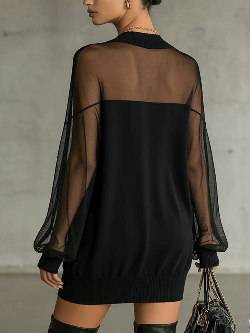 plus size fashionable elegant mesh ribbed round neck lantern long sleeve plus size dress