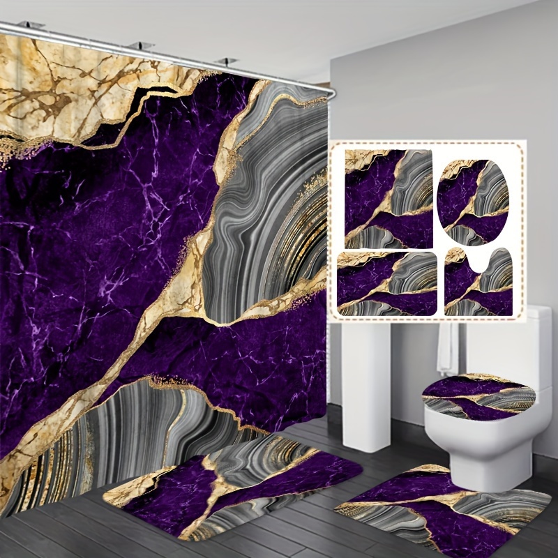 

1/3/4pcs Purple Marble Pattern Shower Curtain Set, Waterproof Bathroom Partition Curtain With Hooks, Non-slip Bath Rug, Toilet U-shape Mat, Toilet Lid Cover Mat, Bathroom Accessories