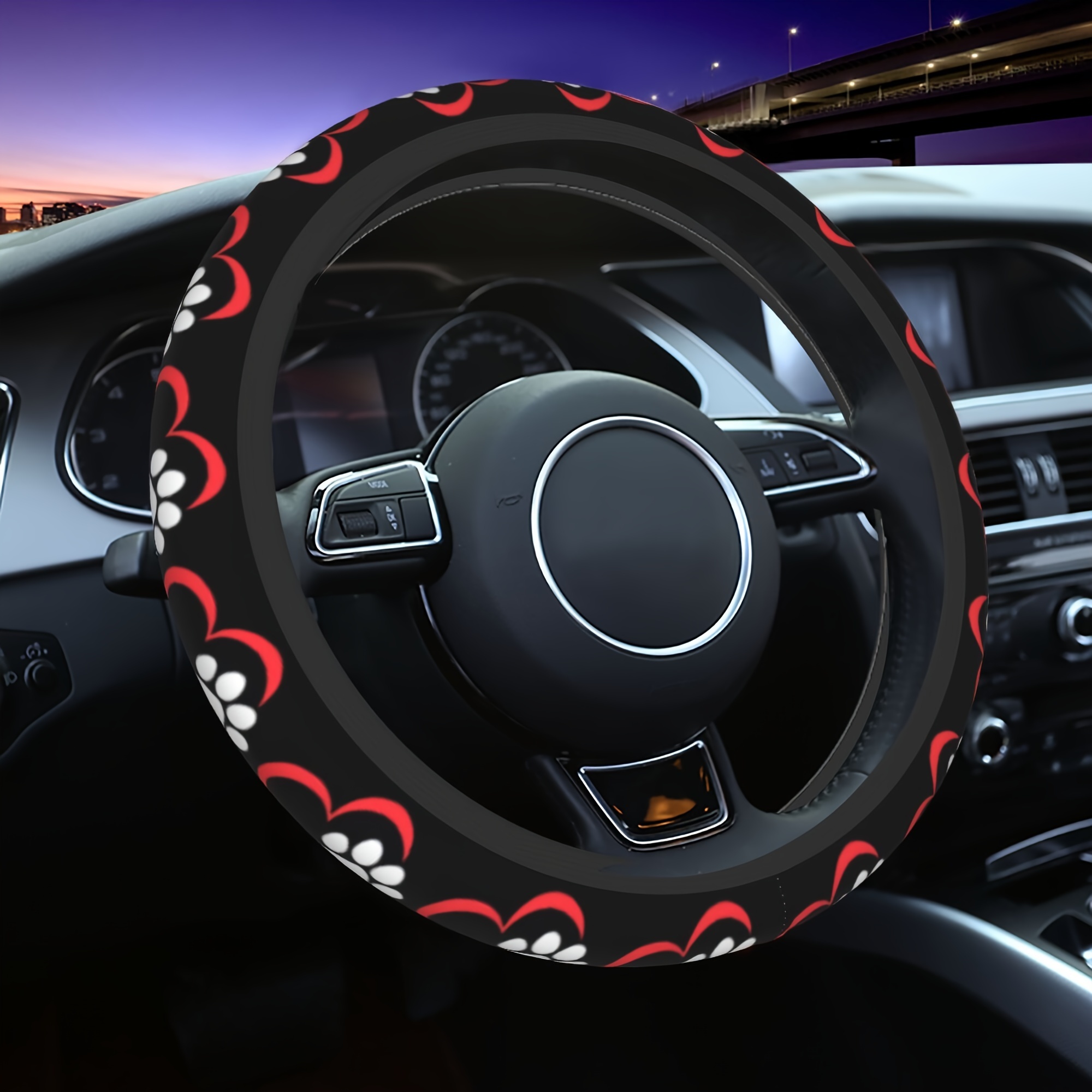 

Love & Paw Print Elastic Steering Wheel Cover - Fit, Non-slip Grip For Men & Women, Polyester Car Accessory