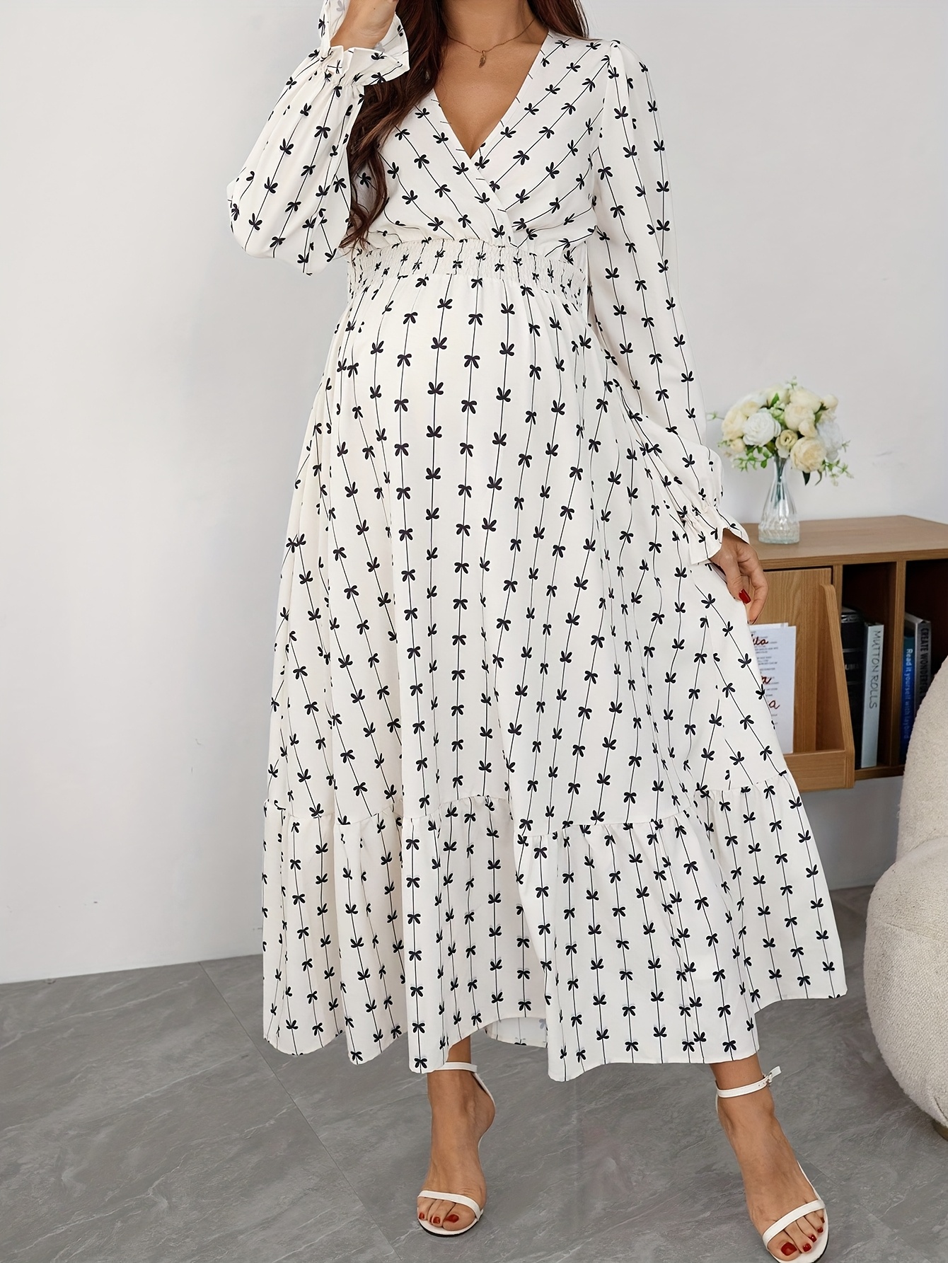 floral print maternity dress deep v neck waist cinching fit - Temu Oman