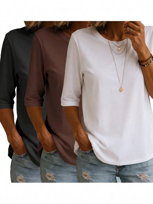 3pcs set of womens new simple casual round neck three quarter sleeve t shirts suitable for daily commuting