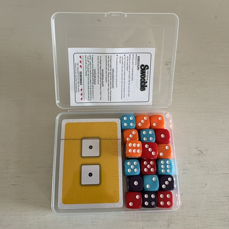 TEMU Swooble - Fast- Card Dice Game Set, Transparent Storage Box Packaging, Cards Printed With Dice Dot Patterns, Includes 20pcs Colored Dice And