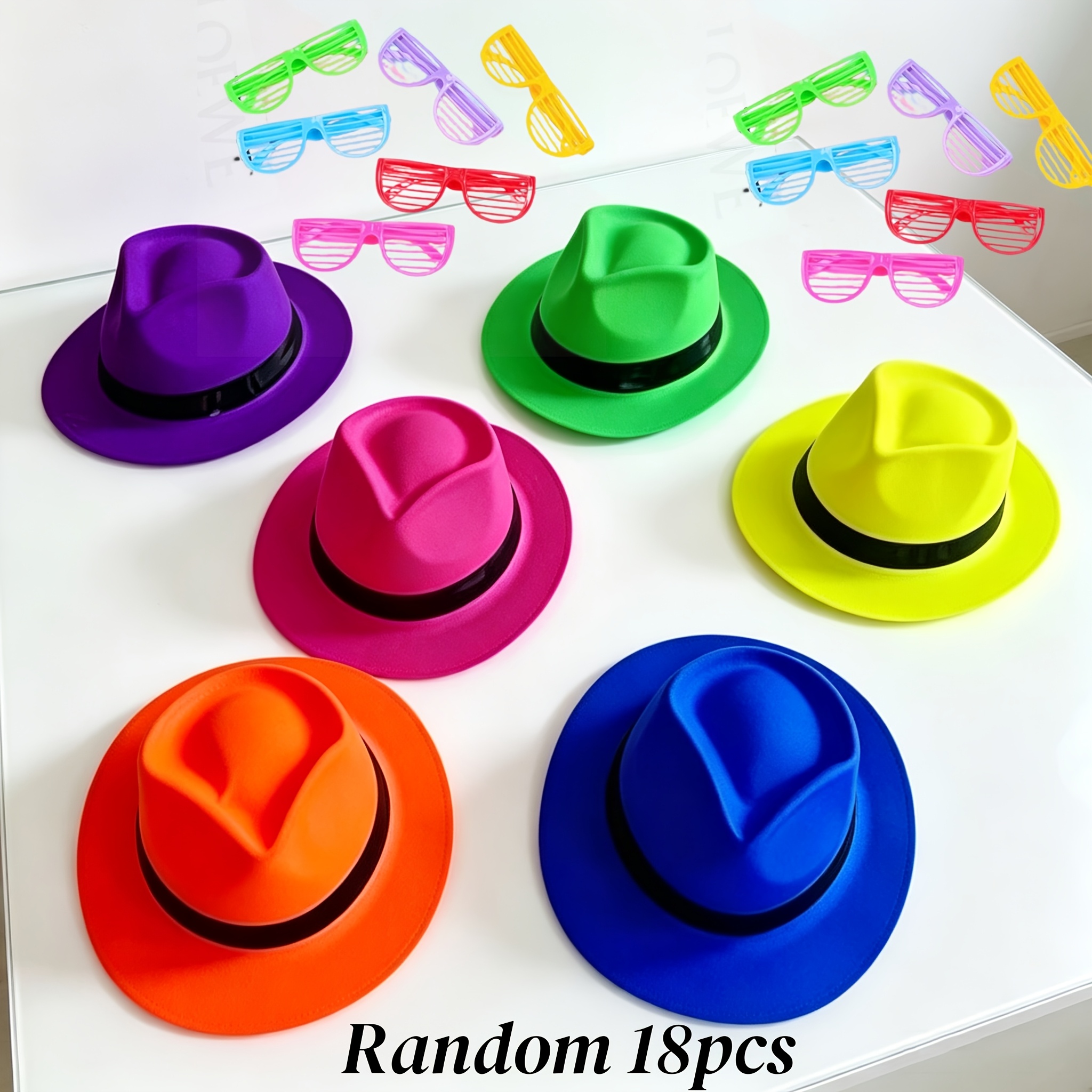 TEMU 18pcs Random Colors Hats And Decorative Glasses - Unisex Headwear, Ideal For Weddings, Birthdays, Parties, For Halloween, Music, Disco, Photo