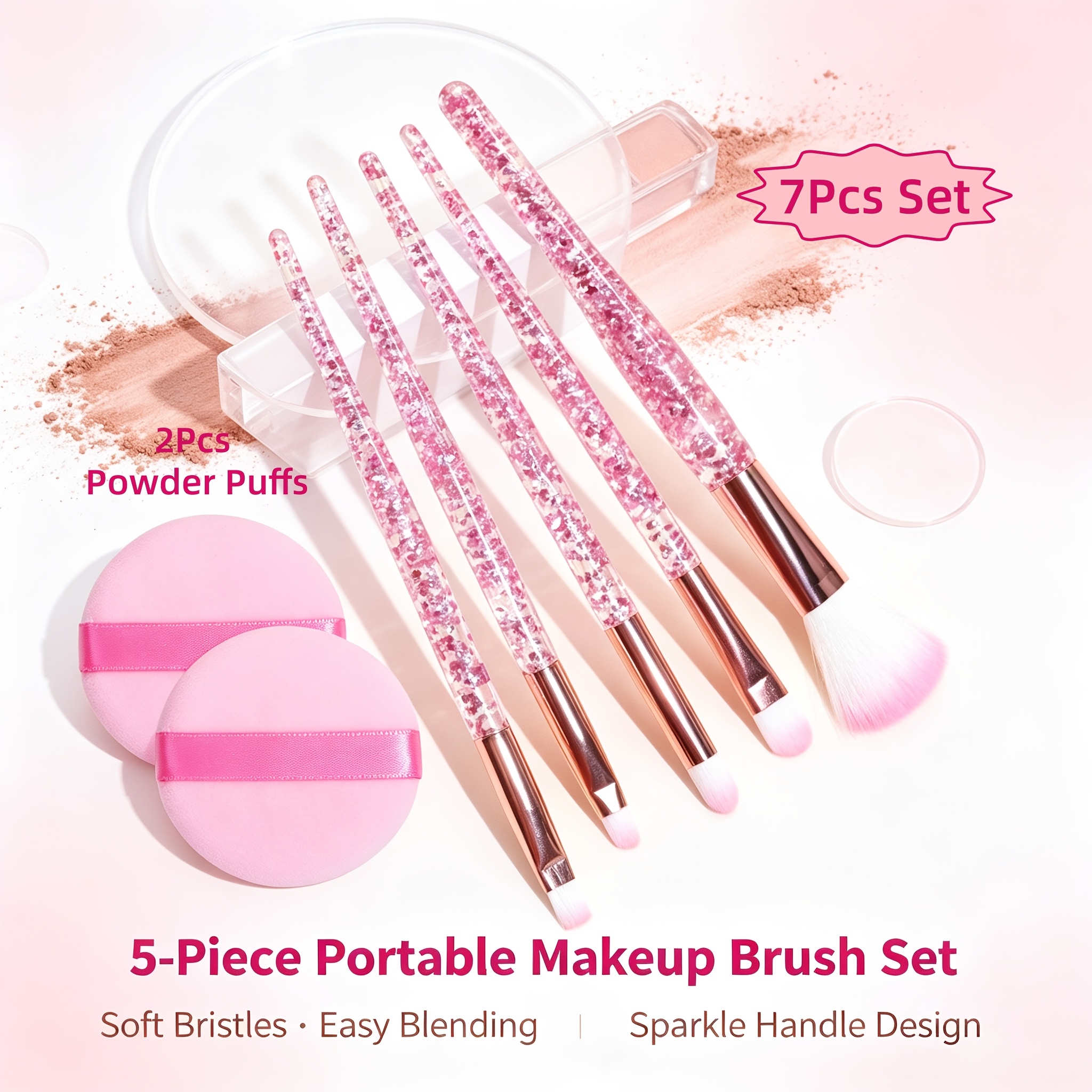 TEMU 5pcs Pinceaux de Cosmétique Portables et 2pcs Éponges de Cosmétique, Rose Pailleté Manche Transparent, Haute Esthétique V, Outils de Beauté pour