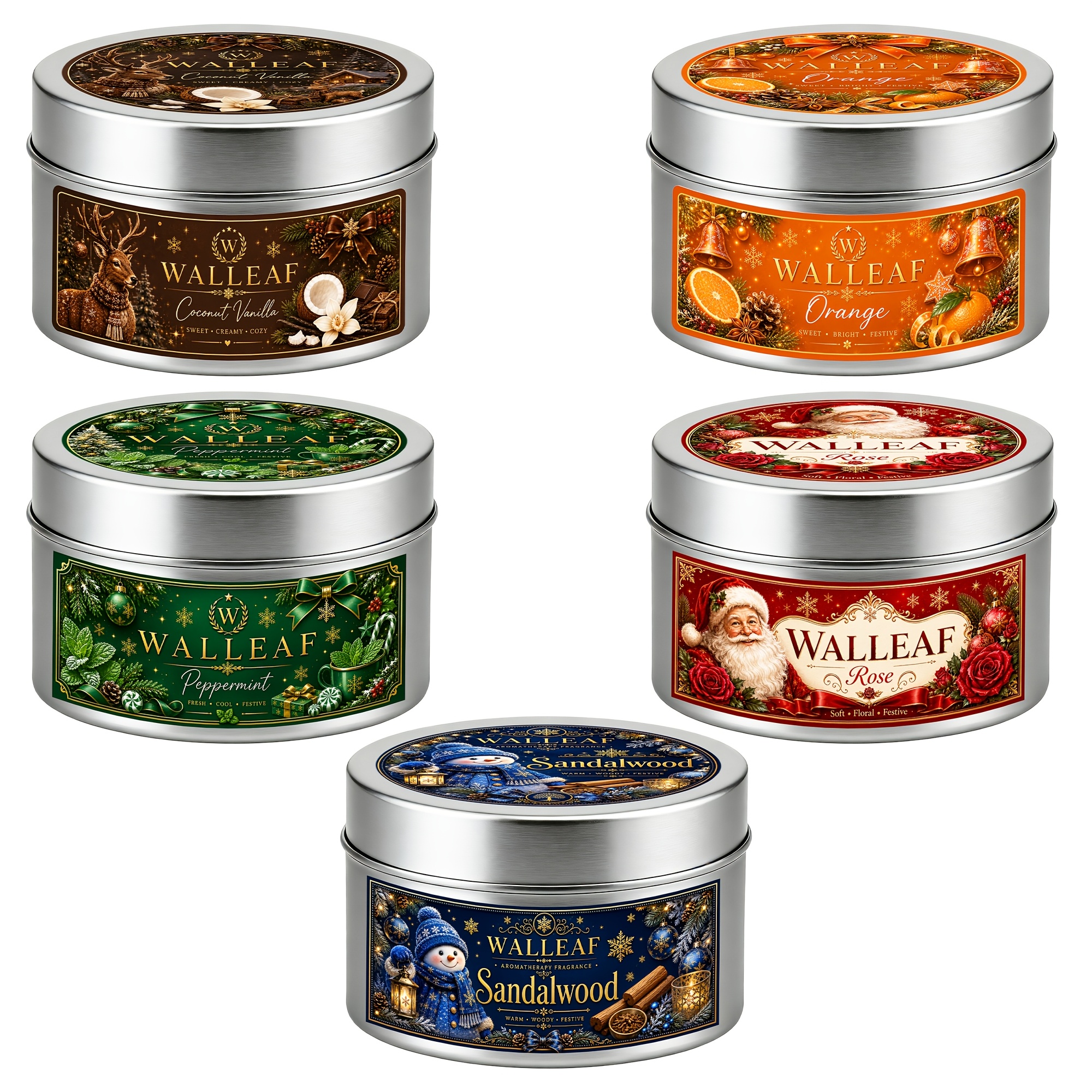 TEMU Walleaf 5pcs Christmas Scented Candle Set, Coconut Vanilla, Orange, Peppermint, Rose And Sandalwood Fragrances, Assorted Holiday Tin Candles For