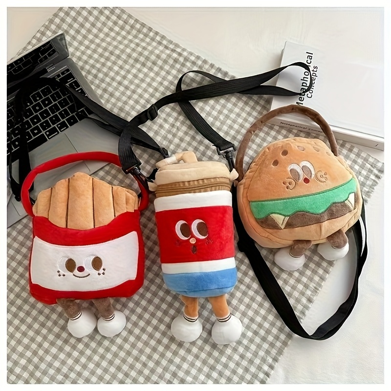 1 bolsa cruzada con tema de comida rápida con correa ajustable - Diseño de papas fritas, cola y hamburguesa, poliéster duradero, cierre de cremallera - Accesorio lindo y funcional para viajes al aire libre y almacenamiento de maquillaje para mujeres, bolso de moda