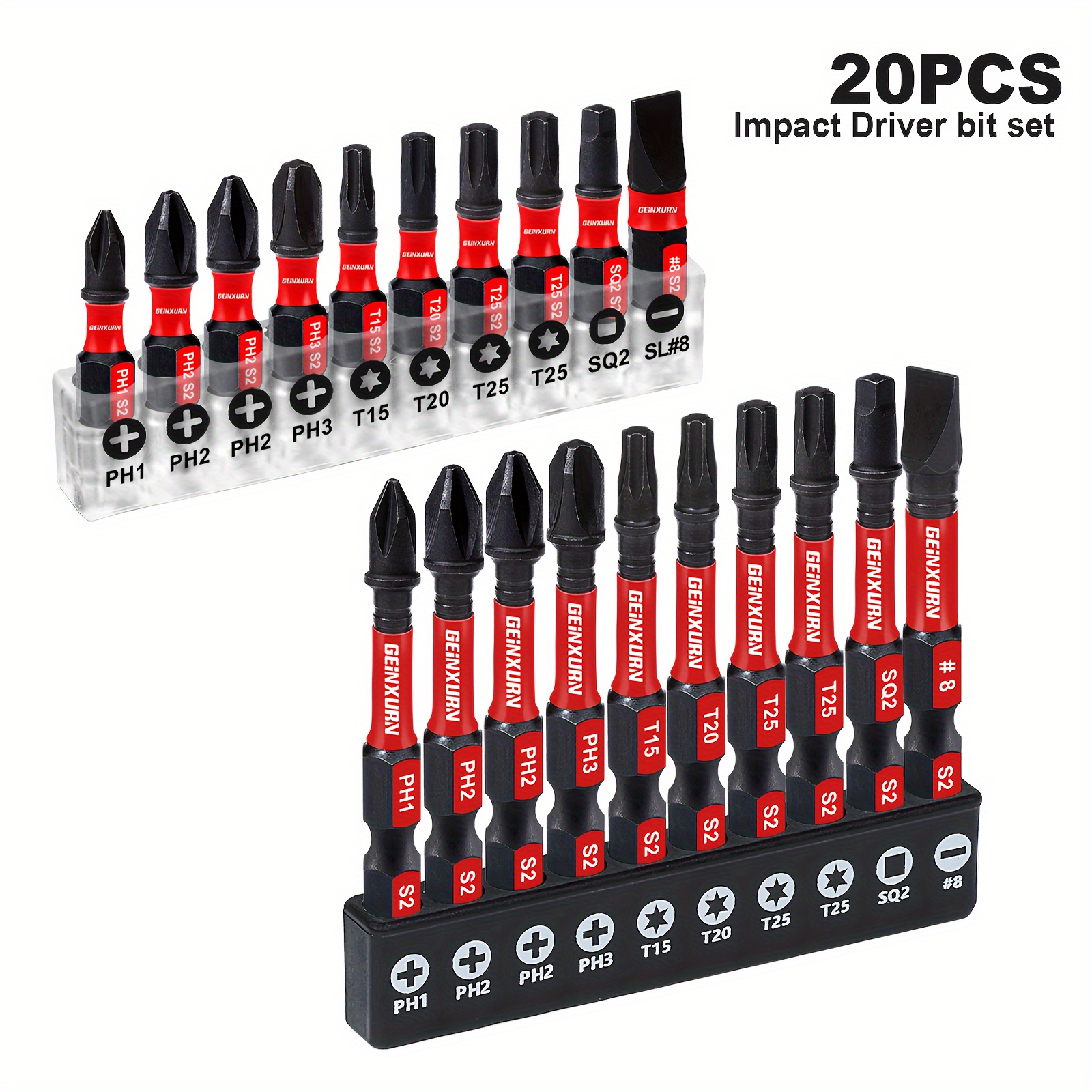 

Impact / Torx/ Sq/ Sl Screwdriver Bits Set, 20, 21pcs S2 Alloy Steel, 75mm Bit Holder/ Extension Bar, Plastic Bases. 2 Sets Of (ph1, Ph2, Ph2, Ph3, T15, T20, T25, T25, Sq2, Sl#8)