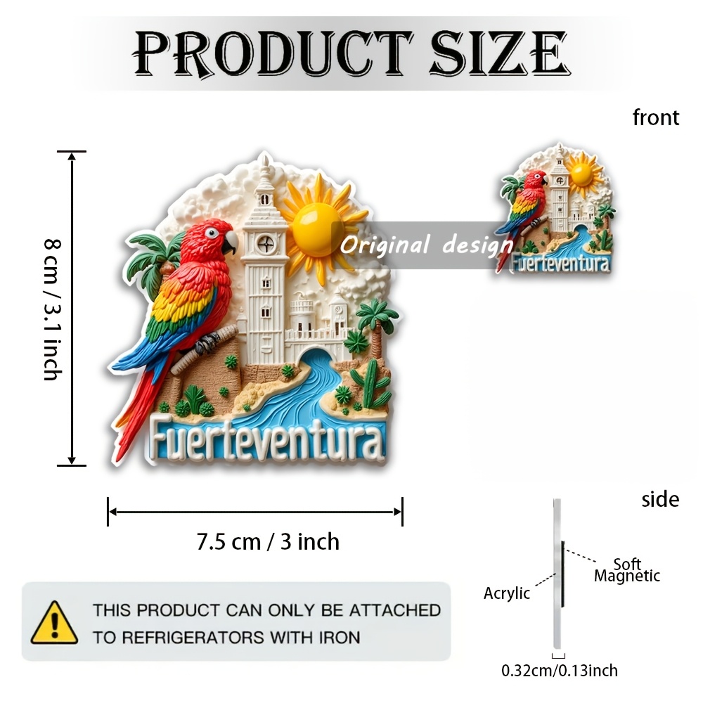 TEMU 2d Acrylic Fridge Magnet Featuring A Scene From : A Vibrant Parrot And Windmill Against A Sunny Cityscape. Perfect For Travel Enthusiasts And An