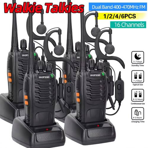 1 2 4 6pack walkie talkies rechargeable handheld with earphones 16 channels long range communication suitable for camping hiking hunting outdoor activities non water resistant uhf technology