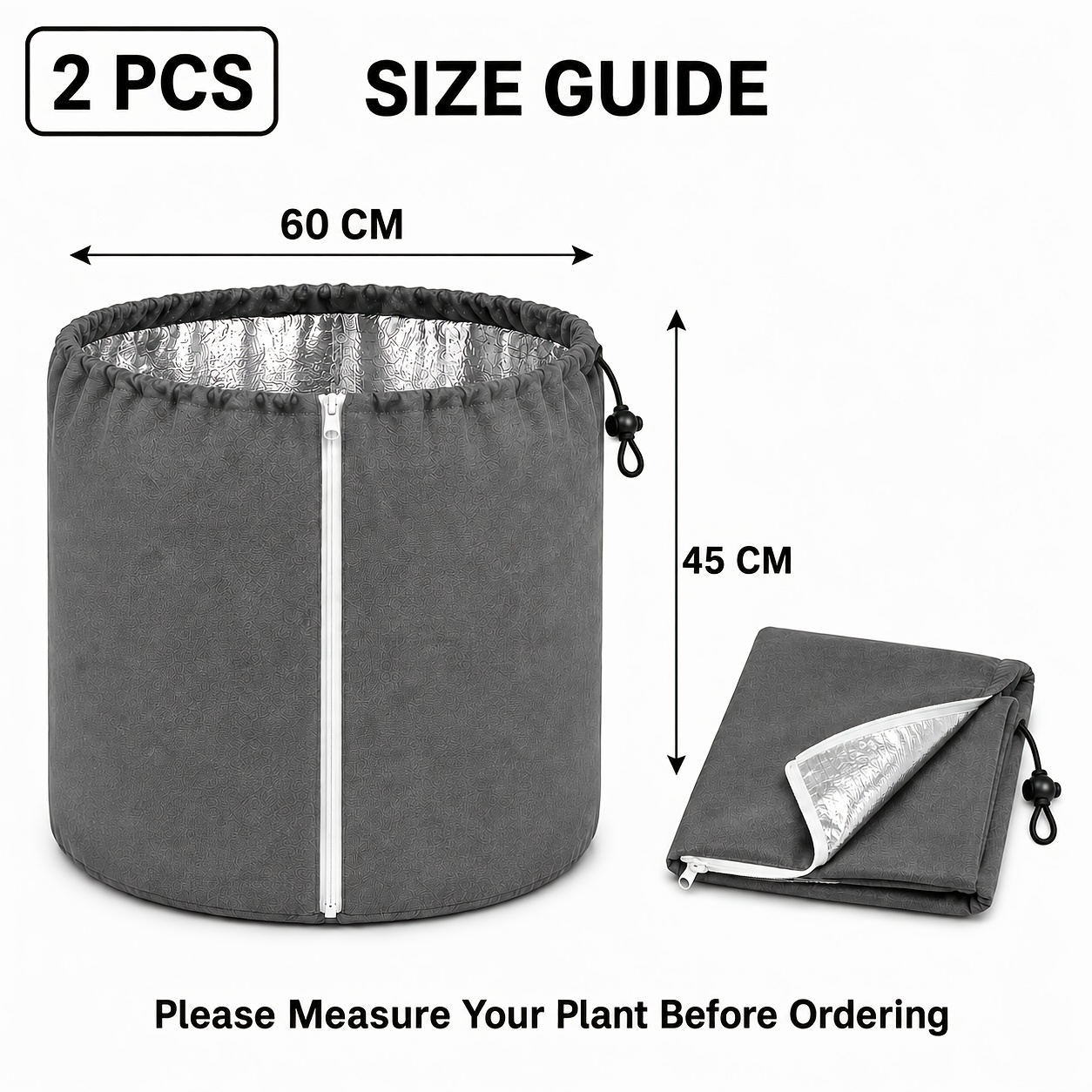TEMU 2pcs 70 Gsm Insulated Plant Covers With Silver Inner Lining, Zipper And Adjustable Drawstring, Grey Winter Protection Bags For Outdoor Potted