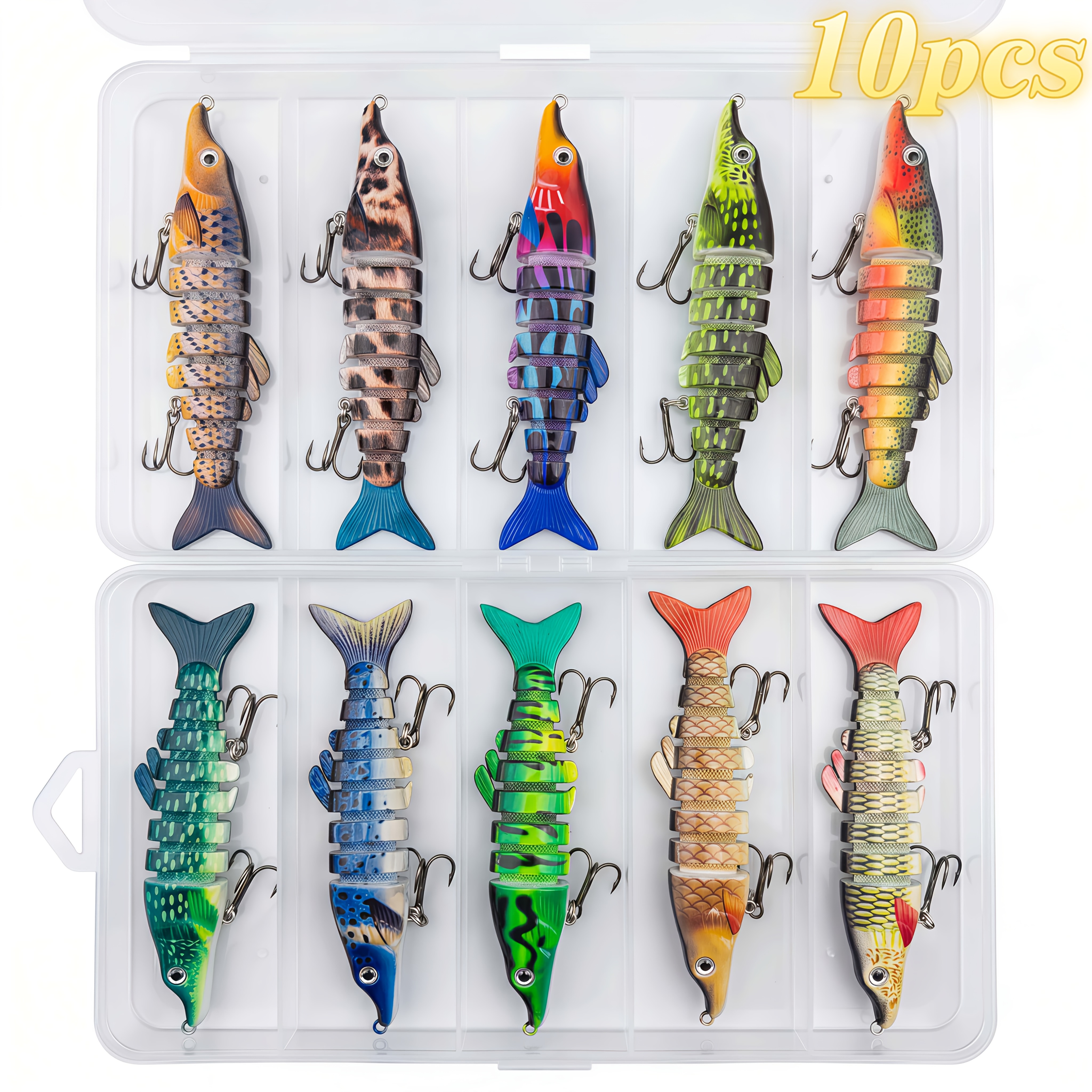 TEMU Zzkug 10pcs 8-segmented Slow Sinking Multi-jointed Fishing Lures Set, Lifelike Swimbait And Jointed Bait With Tackle Box, Abs Plastic, Saltwater