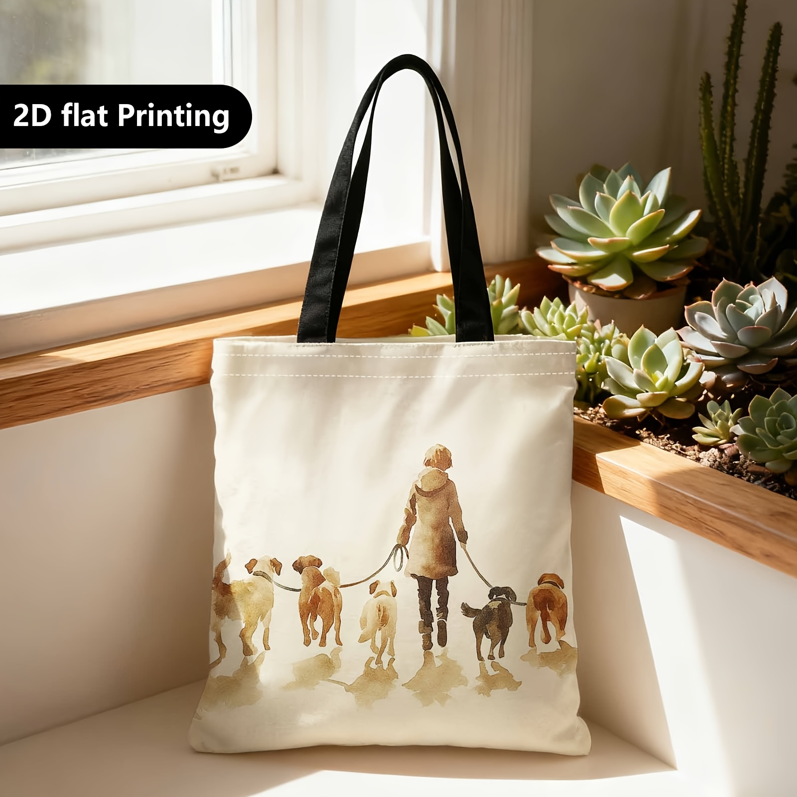 TEMU 1pc Shopping Tote Bag, Portable Shoulder Bag, Double-sided Printing Design, Printed With Dog Walking Scene And Dog Breed Illustrations, Suitable
