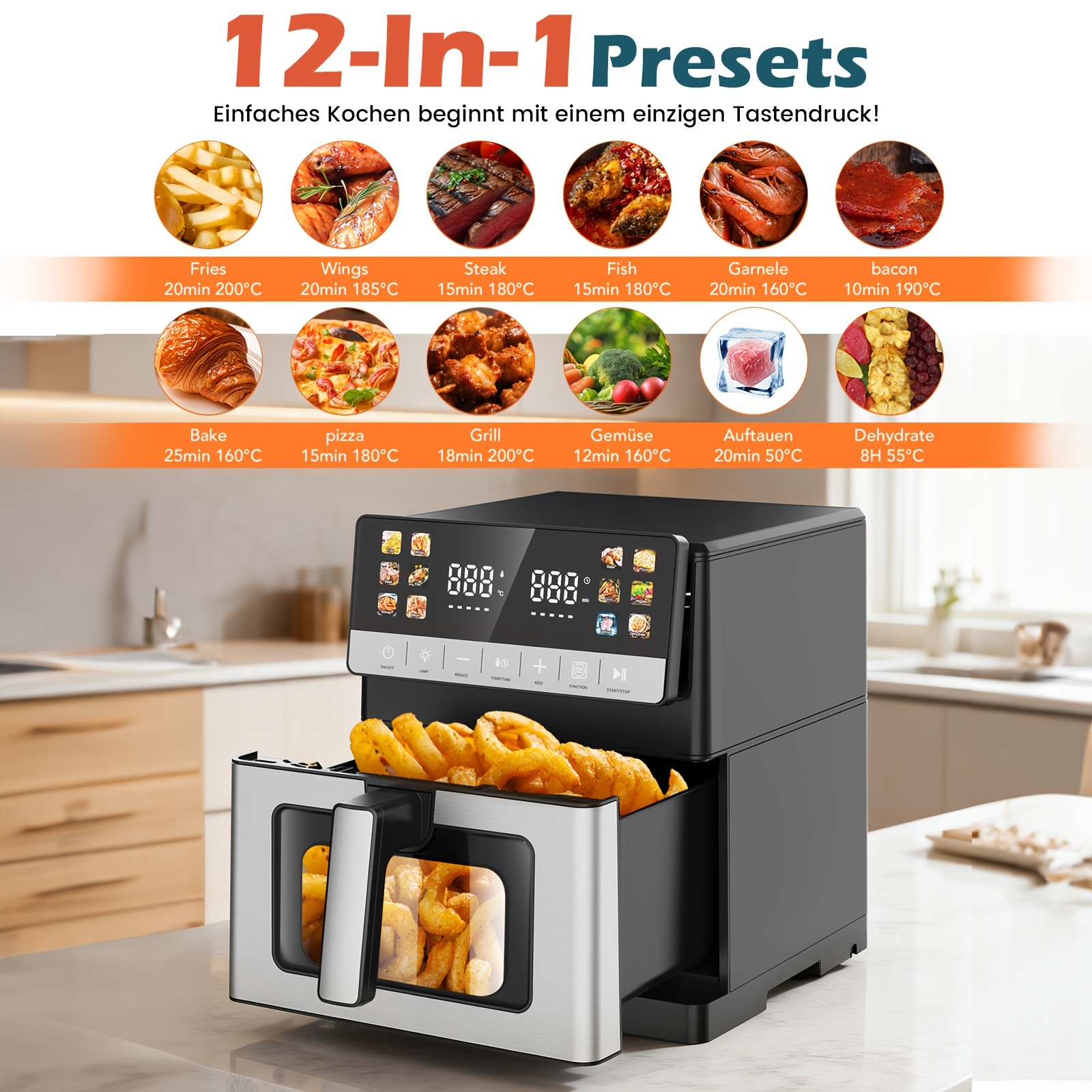 Image of 10l Multifunctional Fryer, 2 Heating Elements, , Dried Fruit Mode, 12 Touch Screen Fry, Roast, Dehydrate, Bake, Xxl Family Size, Auto Shutoff, Large Window
