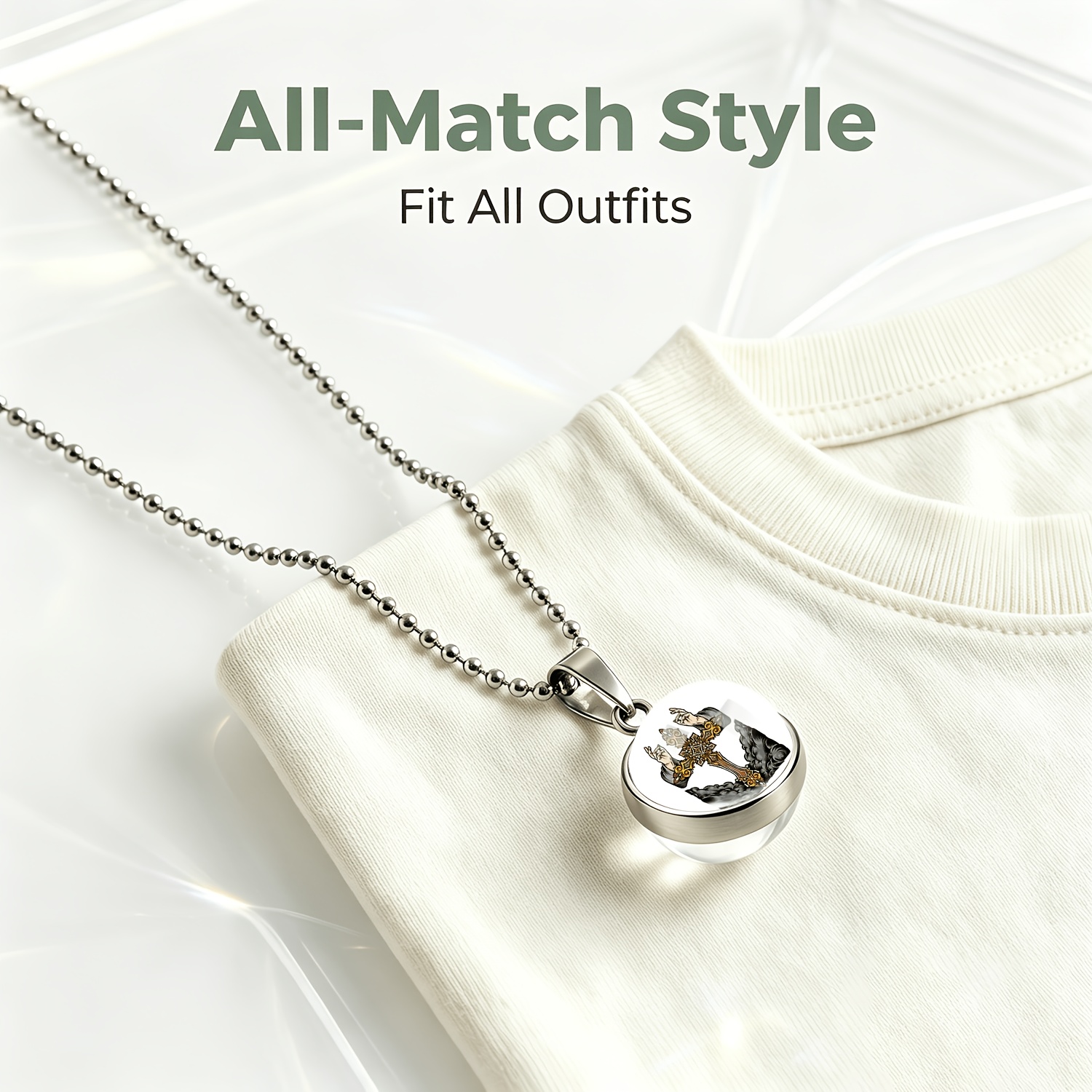 Double-sided Spherical White Pendant Necklace with Ornate Golden Cross