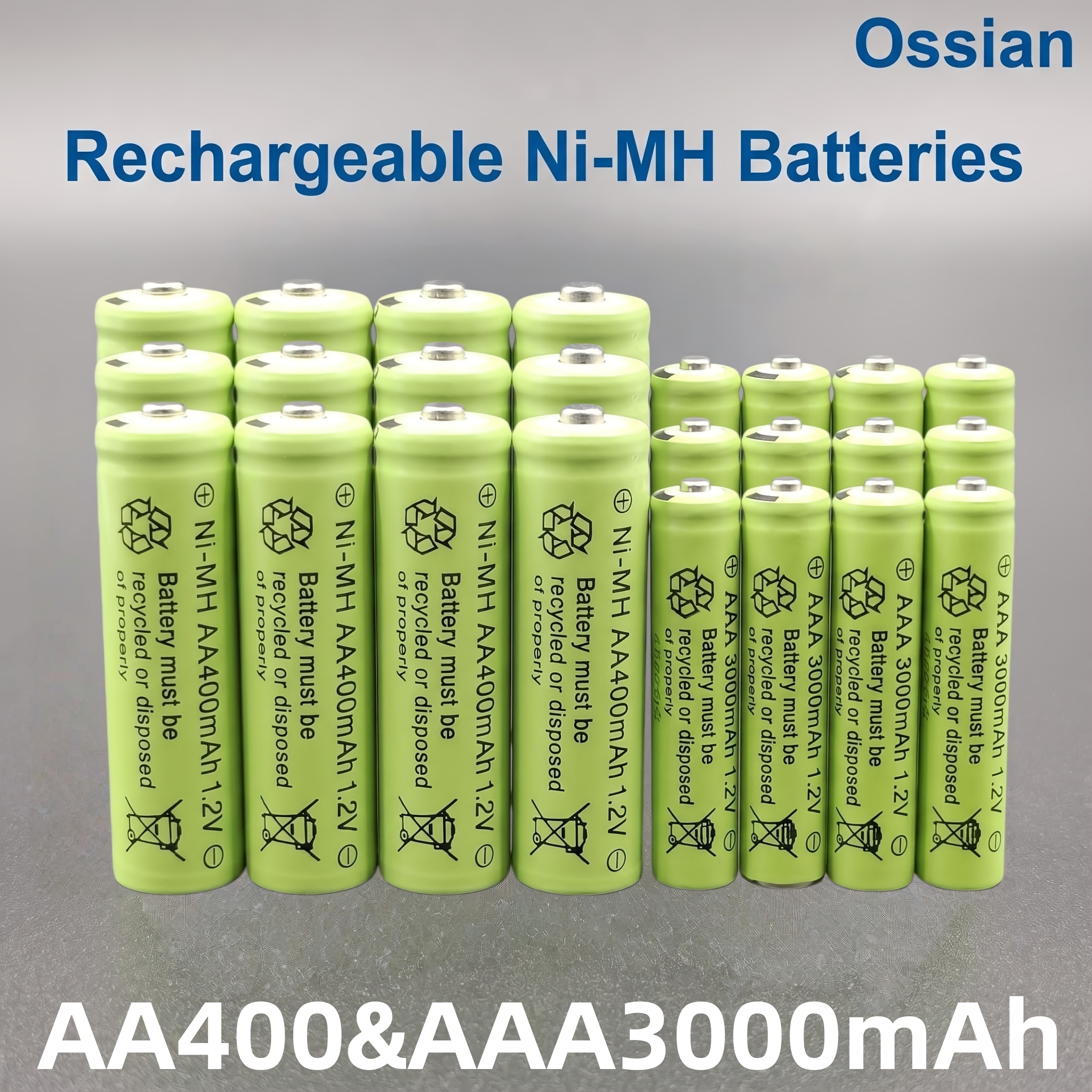 TEMU Paquete de 24 (12AA400+12AAA3000) Ossian, pilas recargables de capacidad 1.2V AA AAA 400mAh 3000mAh de larga duración para cepillos de dientes