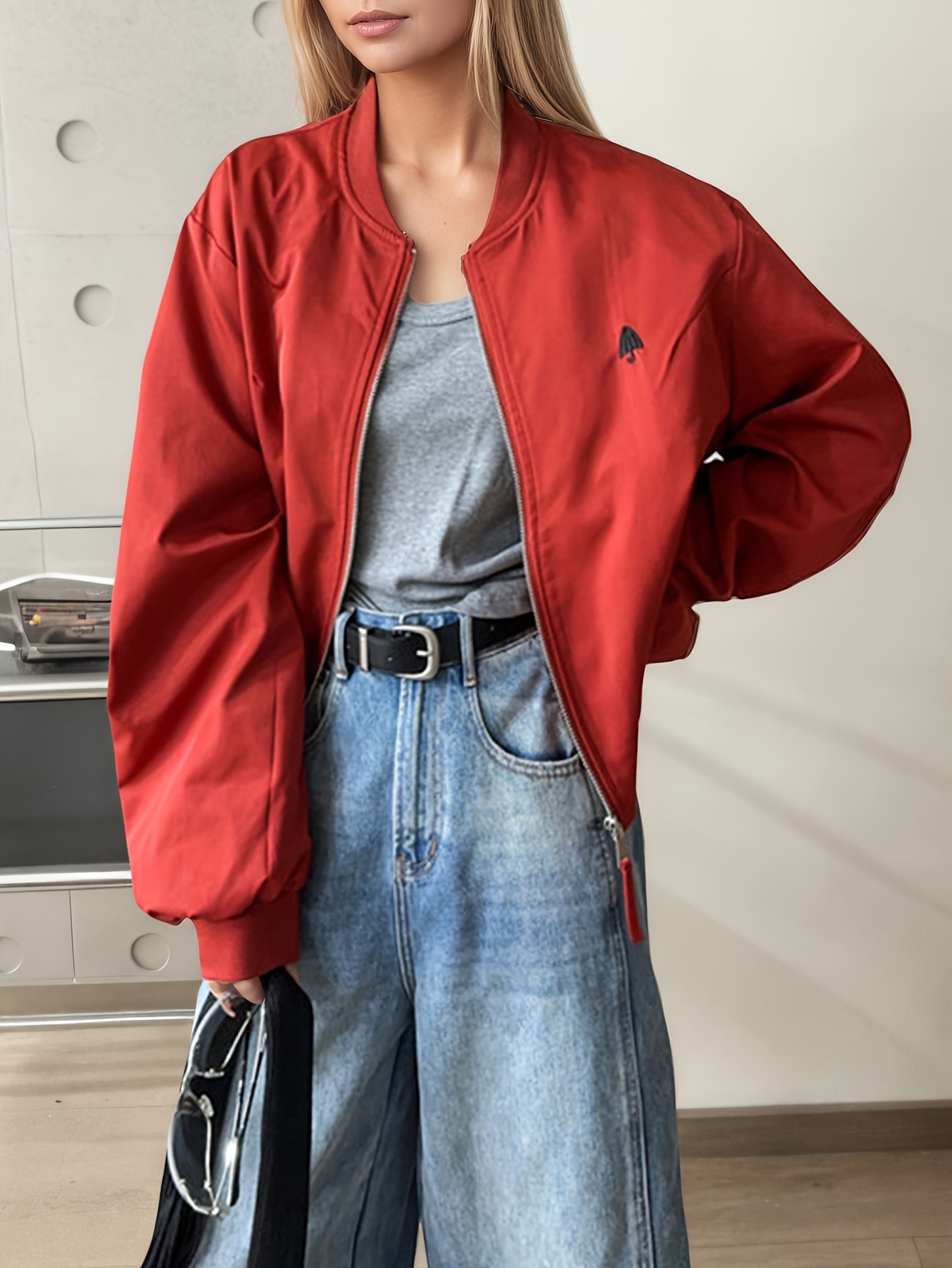 womens casual solid color   jacket loose fit round neck zip design with pockets long sleeve non stretch fabric for autumn and   versatile everyday outerwear seasonal layering classic tailoring high quality stitching urban style durable construction streetwear look red 0