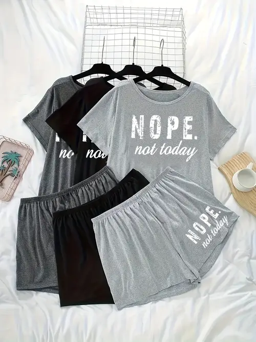 womens plus size 3pcs combination casual letter pattern spring summer short sleeve shorts elastic pajama set
