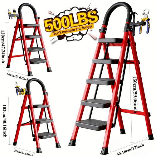 item picture 500lbs load bearing folding ladder heavy duty steel step stool with anti slip wide treads handrails safety lock design black and red color scheme portable multi functional ladder for home and kitchen use xphyn