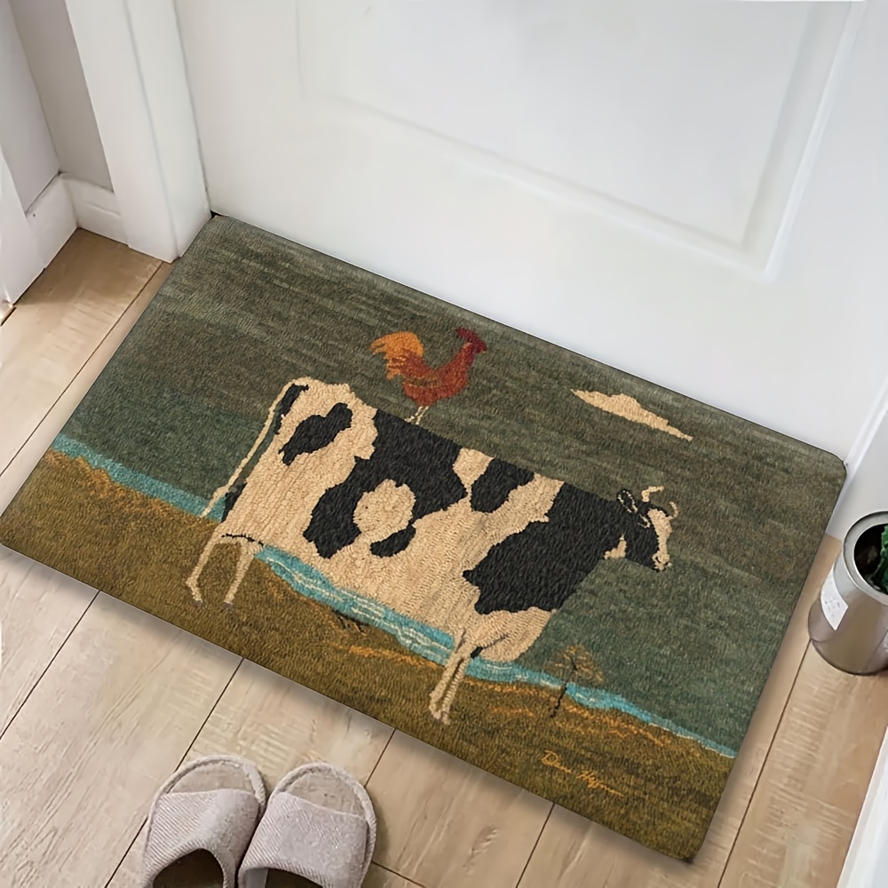 TEMU [ Product] 1pc Cow And Rooster Pattern Mat Kitchen Rugs, Soft Durable Non-slip Wear-resistant Mat, Machine Washable And Easy To Clean, Suitable