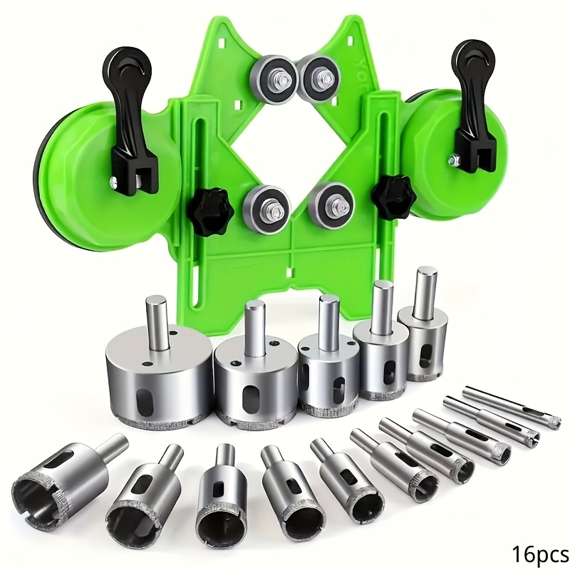 16pcs Diamond Set With Double Suction Cup - Hollow Guide, Compatible With 4mm-83mm Drill Bits, Suitable For Ceramic, Glass, Tile, Porcelain, Marble, Granite, Drill Bits