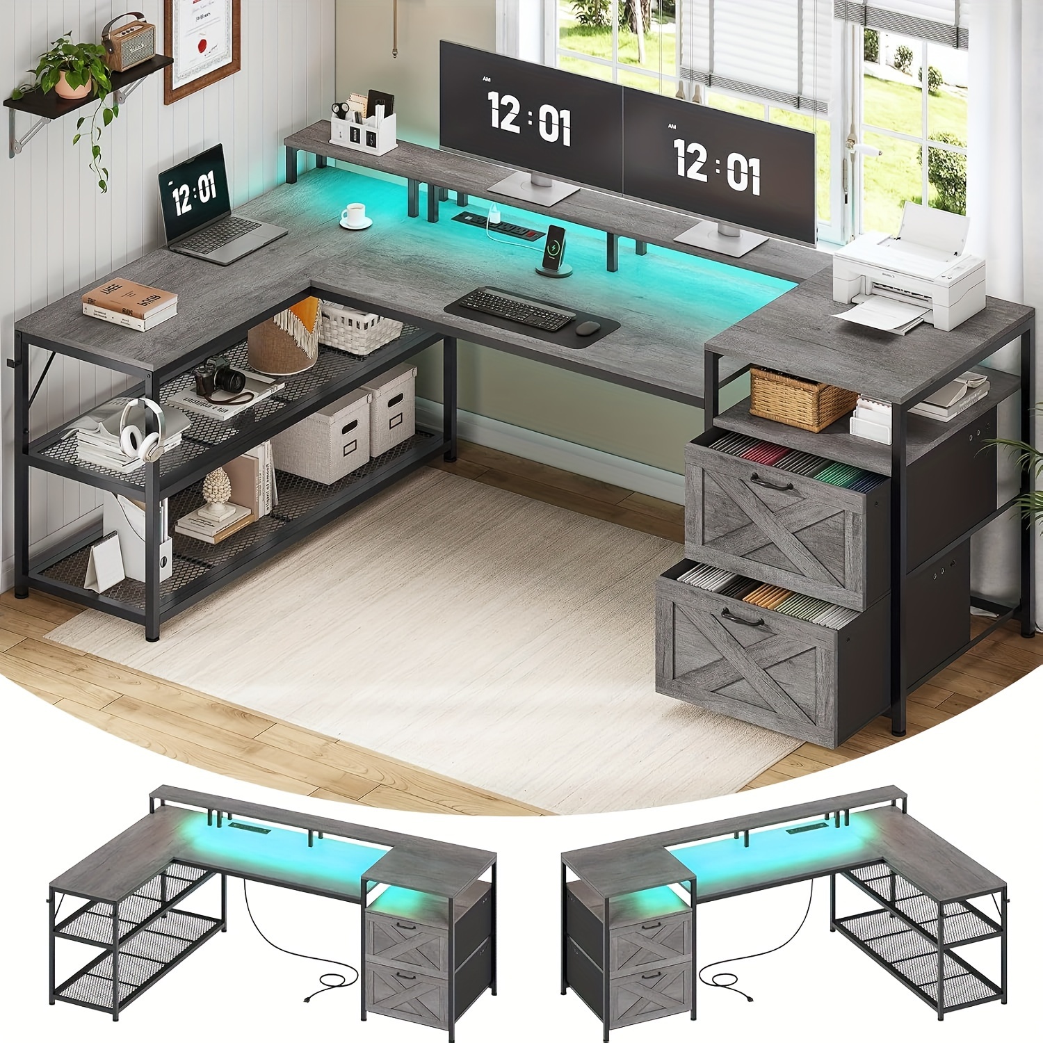 TEMU 67" L Shaped Computer Desk With Drawers, Led Lights And Storage Shelves For Home Office