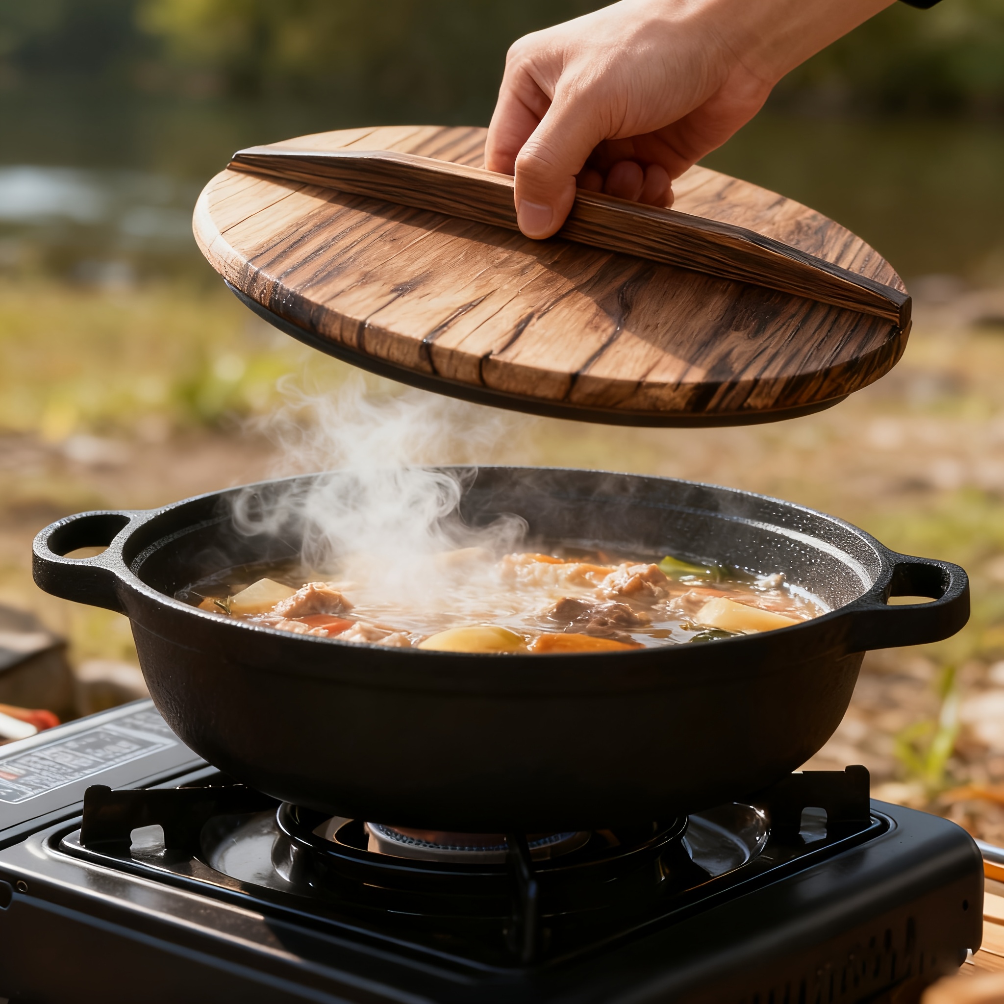 TEMU Olla de hierro fundido de 25 cm con asa - con de madera, material de hierro fundido de calidad, conducción de uniforme, para cocinar al vapor,