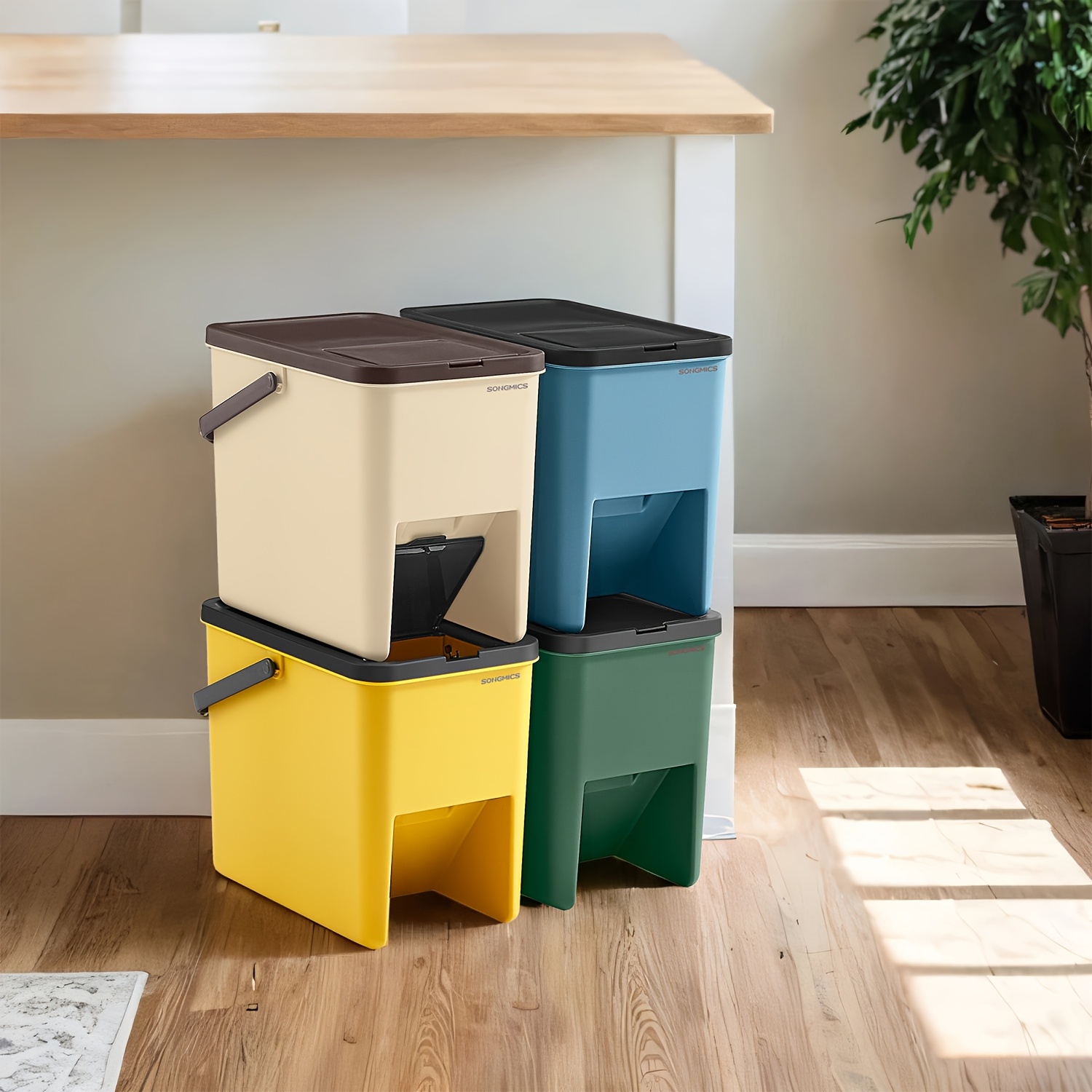 TEMU Recycling Bins For Kitchen, Set Of 4 Stackable Trash Bins, 20l Each, Waste System, Press-to-open Lids, With Stickers, Storage Bins