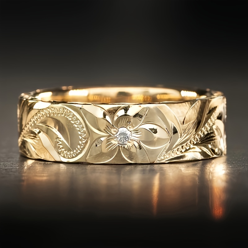 E-shop 1 Stück Damenmode Ring mit breitem Band, einfacher Vintage Ring mit geschnitzter Blume, eingelegter synthetischer Zirkonia, Damen Party Urlaub