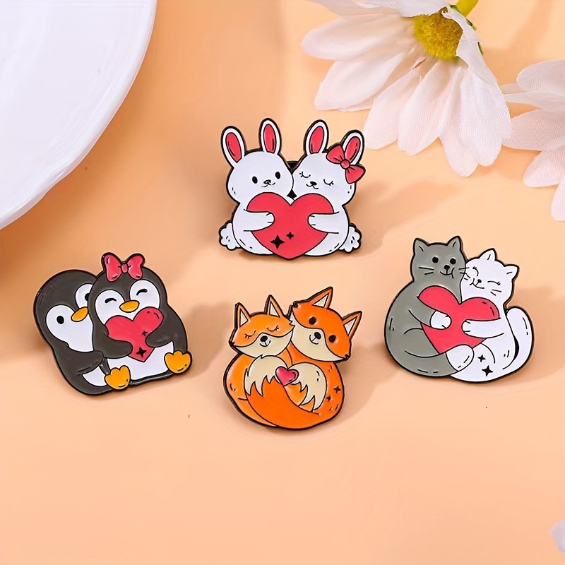 

4pcs Cute Animal Couple Enamel Pins Set, Alloy Cartoon Penguin Cat Rabbit Brooches, Daily & Gift Wear, Valentine's Day Accessory