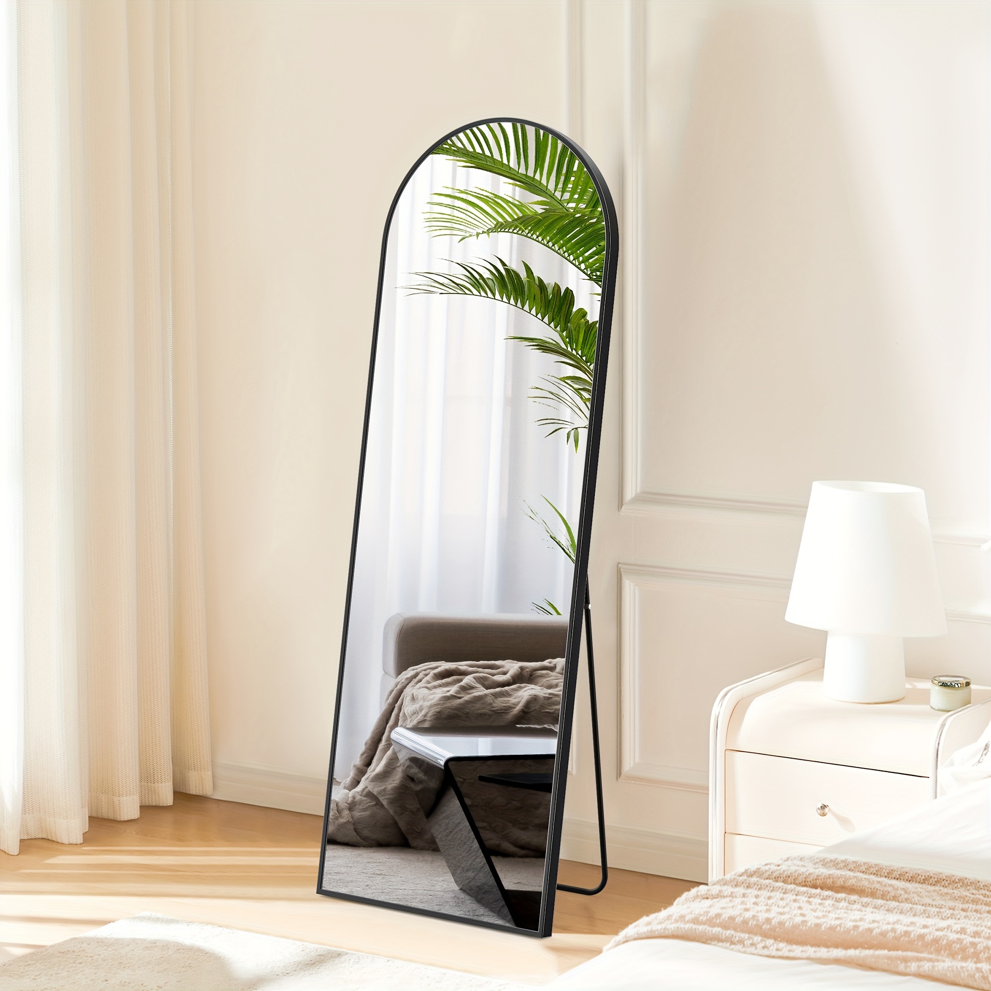 

Arched Full Length Mirror For Hotel Bedroom, 59"x16" Size With Stand, Tall Full Body Mirror, Hanging Or For Wall, Aluminum Alloy Thin Frame Floor Standing For Living Room, Bedroom, Lounge,