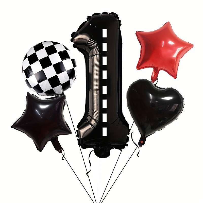 Race Car Themed Birthday Balloons Featuring Black And , As Well As Black Hearts. This Set Includes 5 Mylar Balloons In Of Numbers 0-9, Measuring 40 Inches, Perfect For A Fast- Birthday Celebration