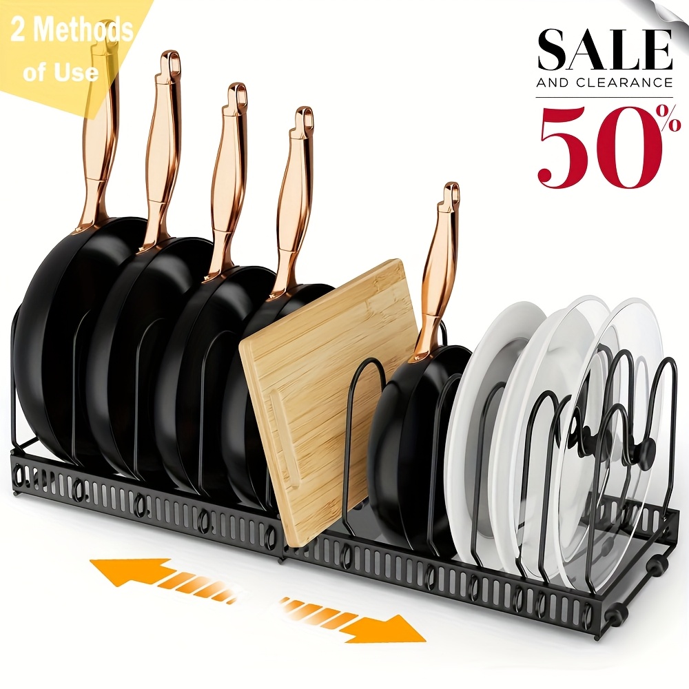 TEMU 10 Dividers Expandable Adjustable Pot And Pan Organizer For Cabinet With Pots And Pans Organizer Rack Pan Lid Cookware Bakeware Baking Storage Holder For Kitchen Countertop Pantry, Upgraded