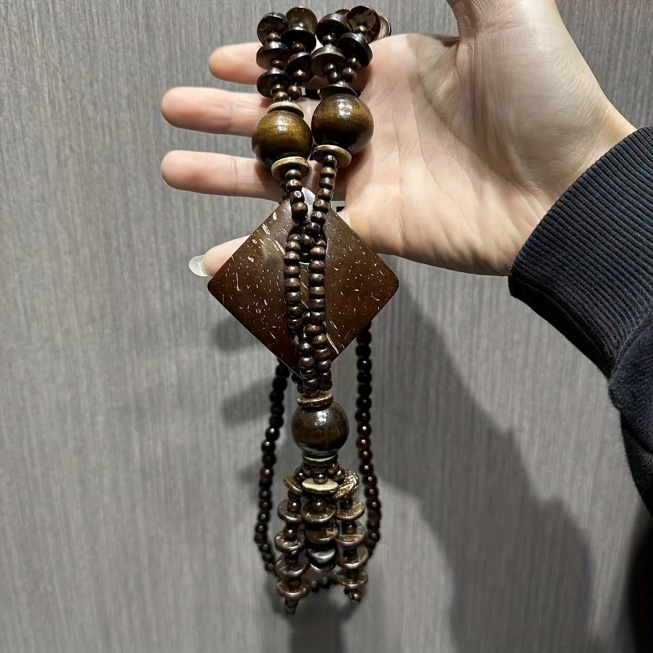 Boho Vintage Coffee Wood Bead Necklace with Pendant