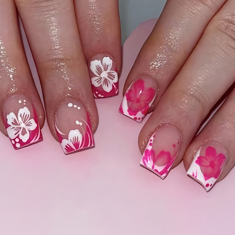 24pcs & White Floral Press-on Nails - Glossy Short Square, Reusable False Nails With Design For Women, Outdoor Wear, Cute Nails |bride Nails |wedding Nails