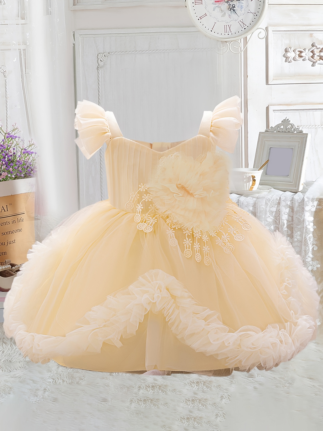1st Birthday Girl Dress for Baby Sleeveless Princess Wedding Party  Outfit with Hem, Hand Washable White Dress for Photo Shoots