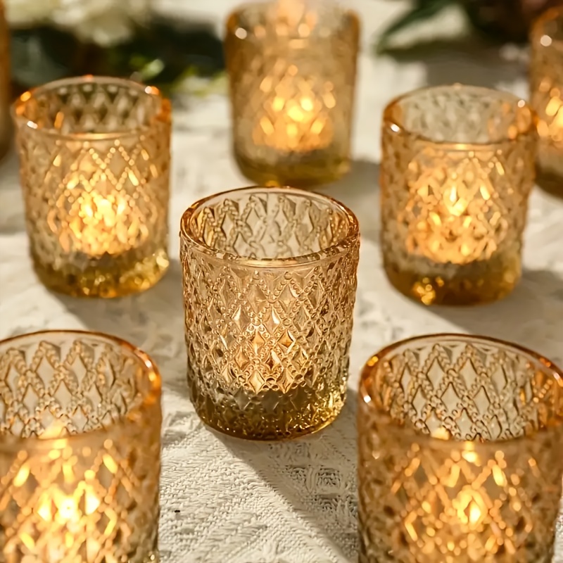 TEMU 36pcs Golden Diamond Pattern Diy Glass Candle Holders For Birthday Parties, Table Decorations, Wedding Decor, Bride, Home Decorations