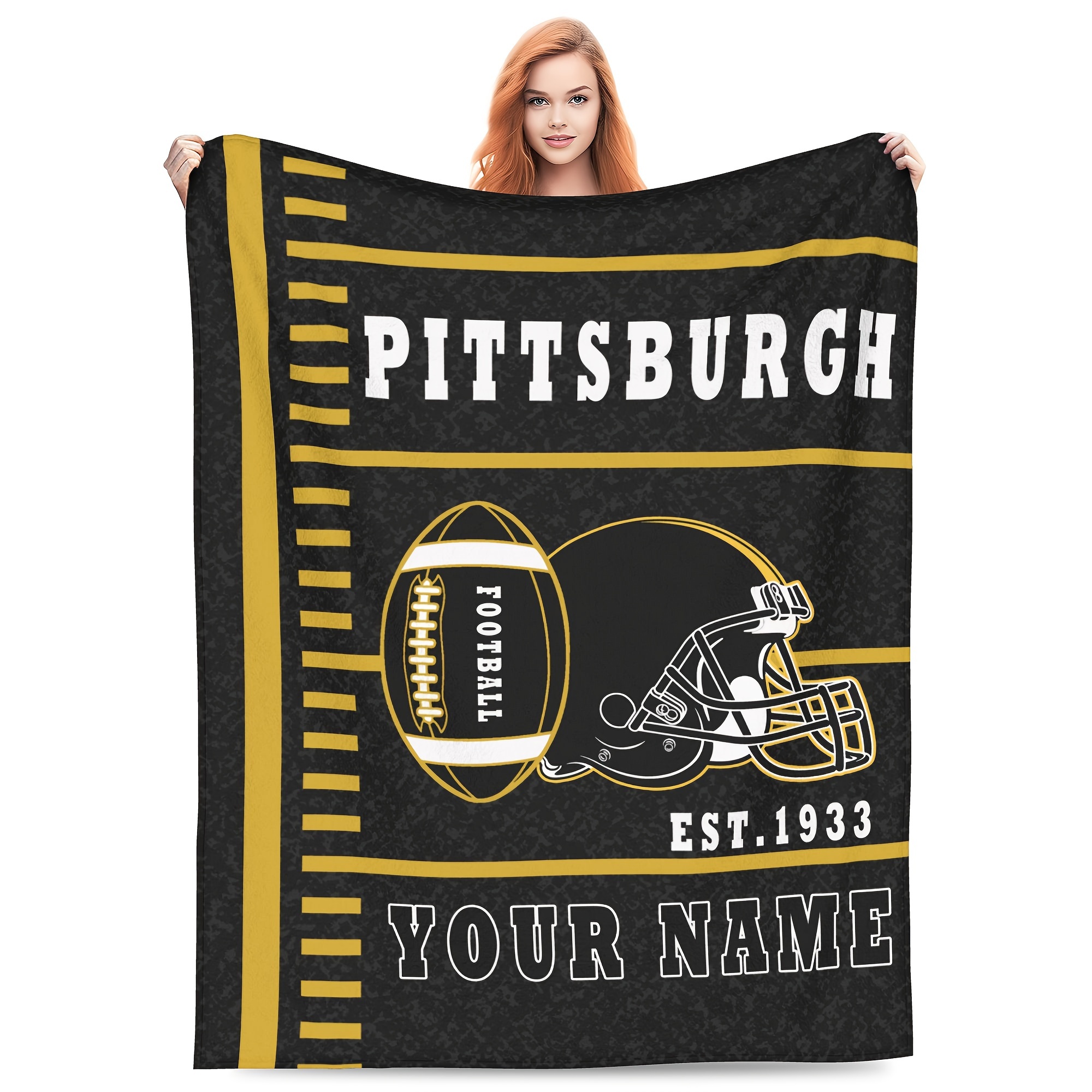 

Pittsburgh Custom Fleece Throw Blanket - Personalized Name, Football Helmet Design,, Ideal For Travel, Home, Sofa & Bed Decor, Polyester, Machine Washable, Personalized Blanket