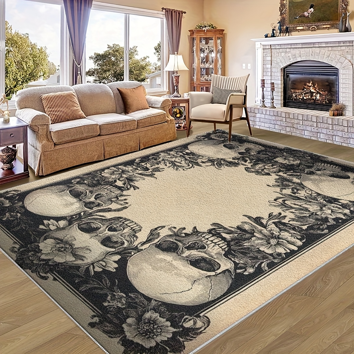 TEMU 2d Flat Printing 1pc Gothic Floral Floor Mat - Lightweight And Flannel Fabric, Suitable For Bedroom, Living Room, Dining Room, Balcony, Entrance