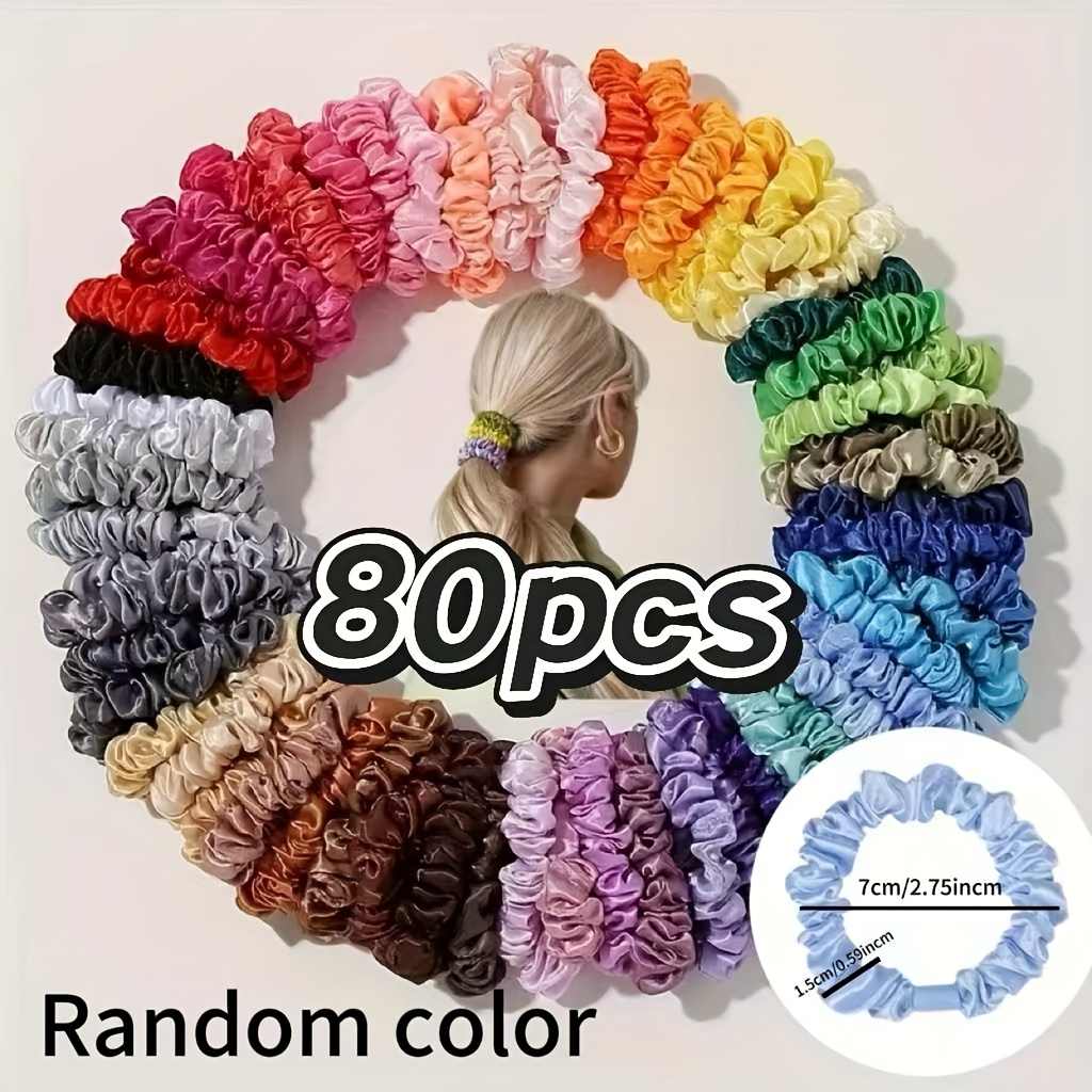 E-shop 80 Stk. Pailletten-Satinausschnürungen mit Rüschen in zufälligen Farben, kleine Darm-Haargummis für DIY-Dutt-Haarreifen Pferdeschwanz-Zubehör