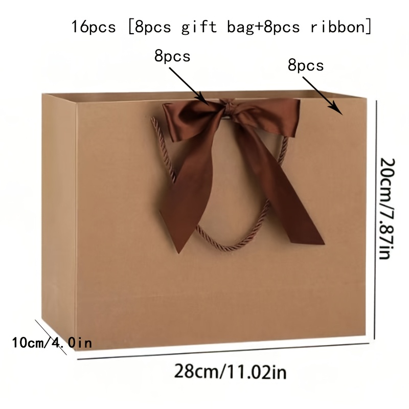 TEMU 16pcs 8pcs Gift Bags   8pcs Ribbons, Brown Gift Bags With Handles And Ribbons - Paper Birthday Gift Bags, Elegant Large Gift Pouches, Handled