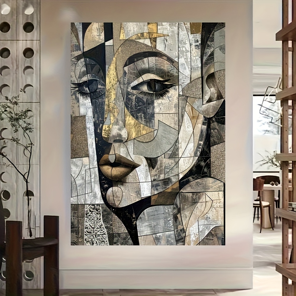 TEMU 2d Flat, 2d/flat, A Frameless, Modern Abstract Woman's Geometric Face Canvas Art, Large-sized Decorative Canvas Poster, Wall Decoration For