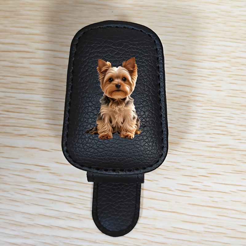 TEMU 1pc Yorkshire Terrier Volet de Soleil de Voiture Clip de Support de Lunettes Tendance - PU, Fermeture Magnétique Clip de Fixation Créatif de
