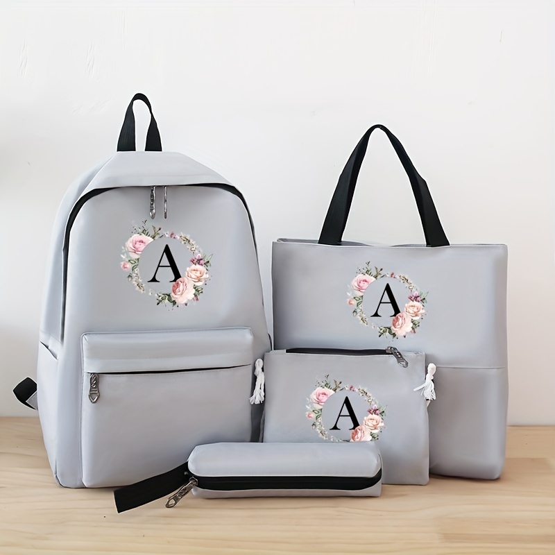 

4-piece Set Backpack, Personalized With Floral Initial "a", Includes Matching Tote Bag, Pencil Case & Crossbody Bag, School And Travel
